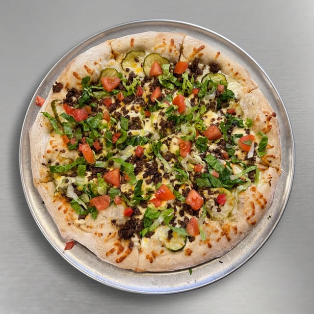 Semi-Famous Samburger Specialty Pizza.